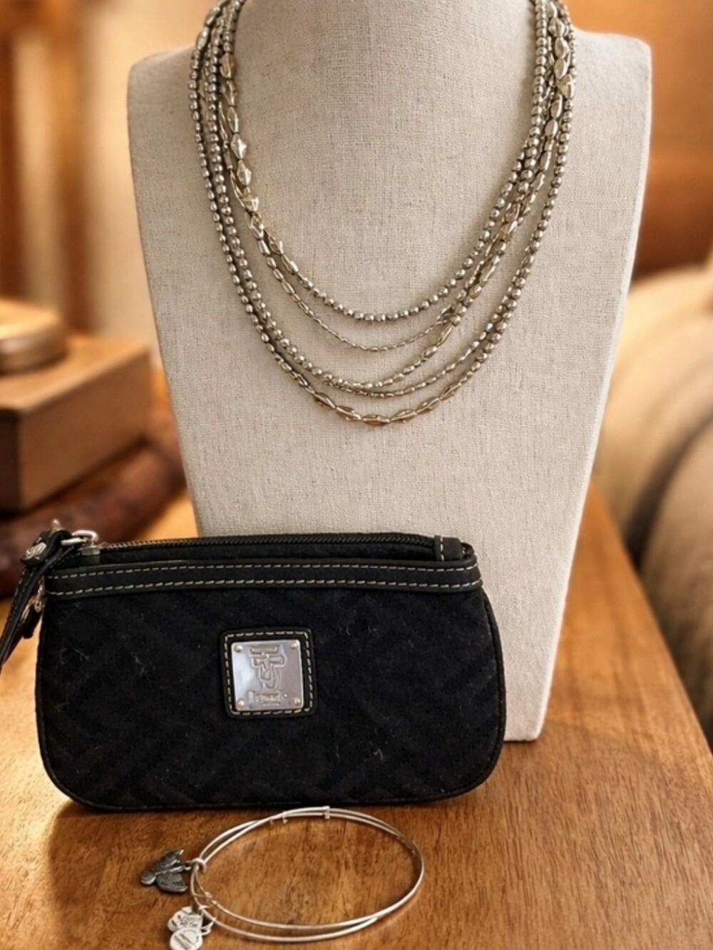 Tignanello Black Quilted Pouch + Chicos Necklace + Alex & Ani Bracelet All EUC